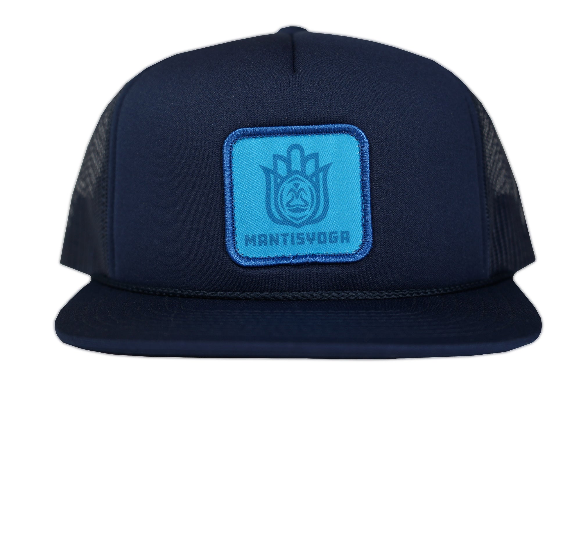 blue trucker hat with patch for yoga